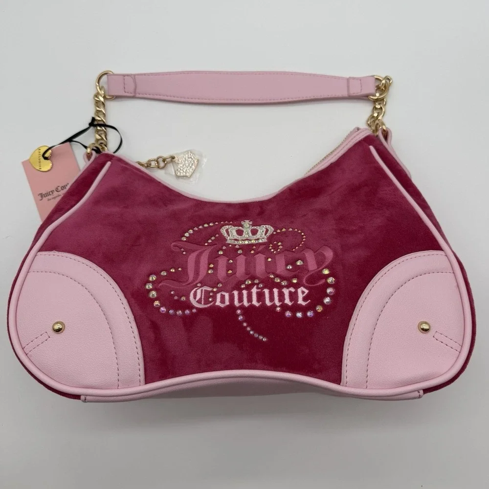 Juicy Couture Dreamy Shoulder Bag & Matching Zip Card Case Raspberry Velour NWT